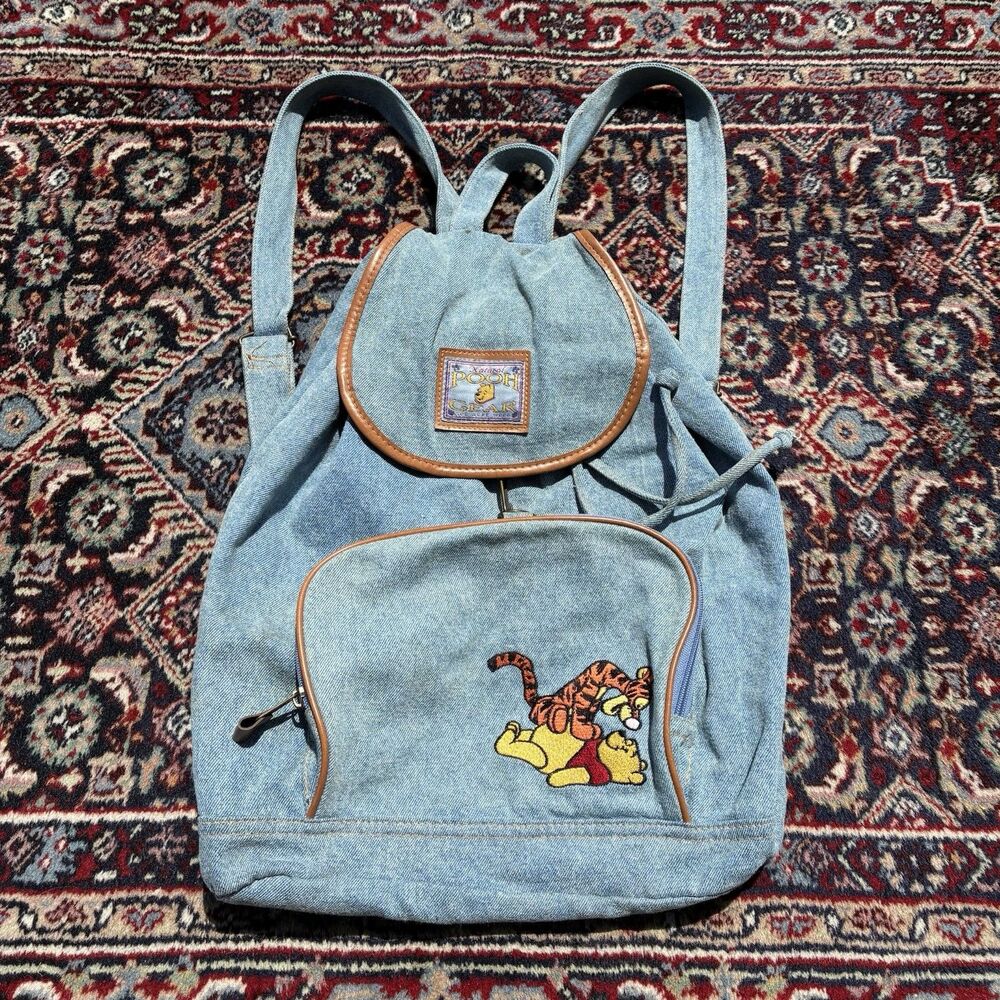Vintage Disney Pooh Bear Denim Bag Backpack Blue Jean Drawstring 90s Embroidered